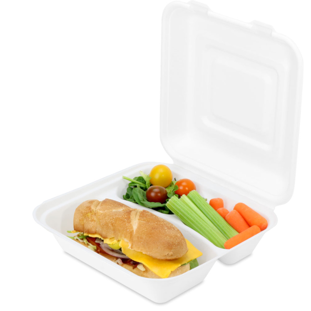 Sturdy Value Three Compartment Sugar Cane Clamshell Hinged Takeout Box - 9 x 9 x 3 in.