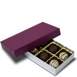 1/4 lb. Silver Silk Base with Plum Lid Two Part Rigid Candy Boxes - 6.5 x 3.5 x 1.125 in.