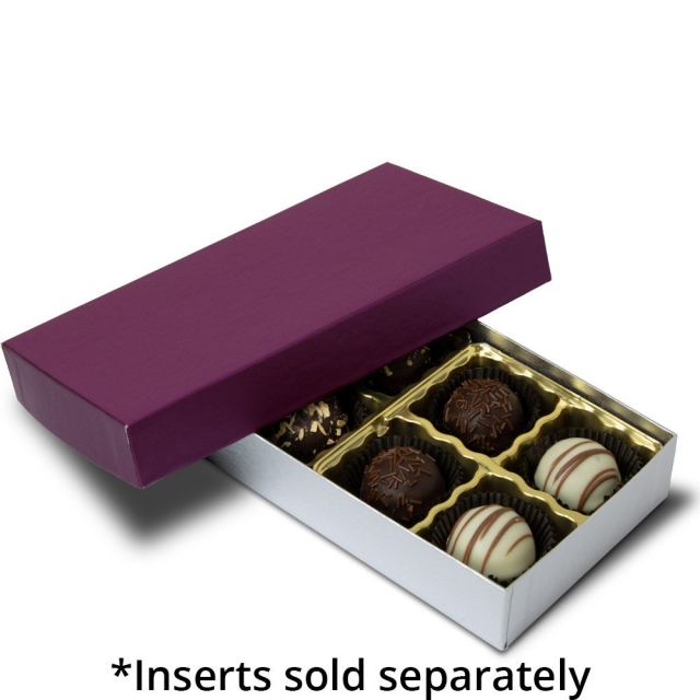 1/4 lb. Silver Silk Base with Plum Lid Two Part Rigid Candy Boxes - 6.5 x 3.5 x 1.125 in.