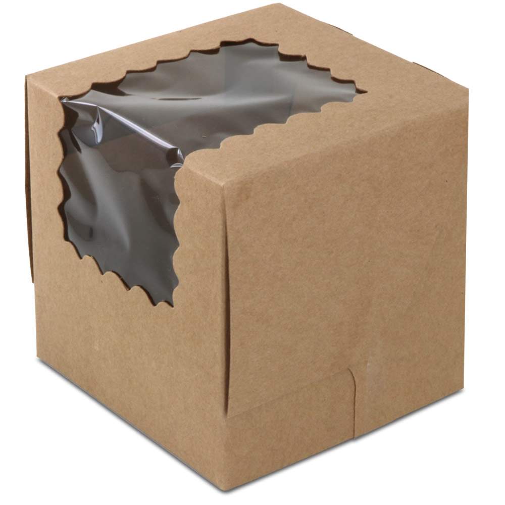 4 x 4 x 4" Recycled Brown Kraft Individual Cupcake Boxes with Window