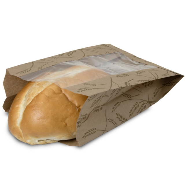 Wheat Print Kraft PET Window Paper Bread Bags 8.5 x 4.5x 14 in.