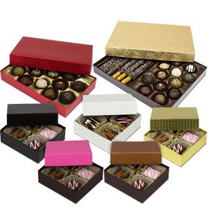 various sizes and colors of candy boxes